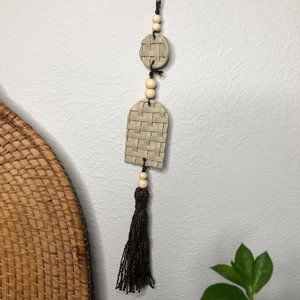 Hand Crafted Kraft Tan Basket Weave Pattern Clay Wall Art Hanging with Tassel